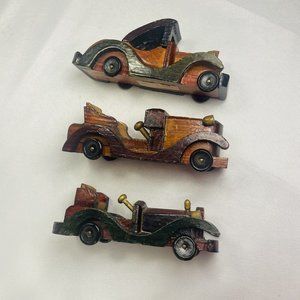 Wooden Carved Car Lacquered Vehicles Set Of 3 Distressed Decor Vintage